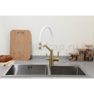 Смеситель для кухни Frap F4397-3 с подключением фильтра питьевой воды, золотой/белый