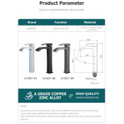 Смеситель для раковины высокий Gappo G1007-89, оружейная сталь
